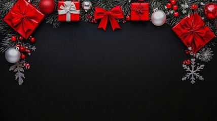Christmas Gift Boxes with Pine Branches and Red Berries, Black Background Holiday Border Design, Winter Celebration Invitation Template, Creative Festive Elements