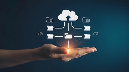 Hand presenting cloud computing network with data folders on a dark background. A person's hands holding a holographic cloud of digital folder and file icons.