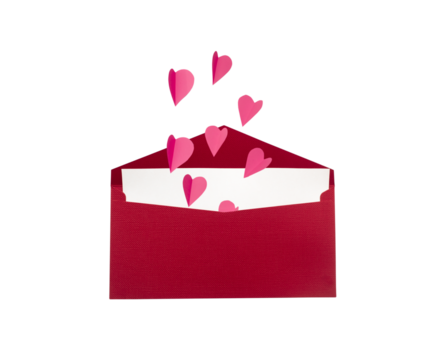 Red envelope with white card and pink paper hearts, isolated on white background, romantic and festive