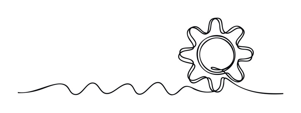 Abstract continuous line drawing of a gear connected to a flowing wave for technology or motion concepts usable in business presentations or web pages.