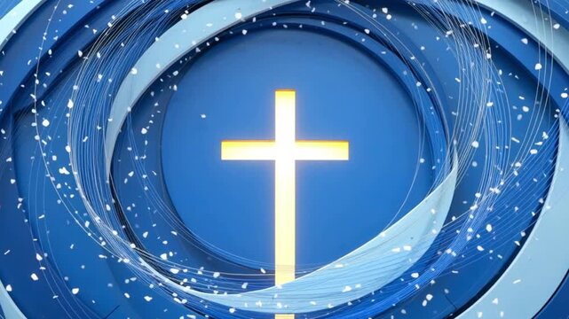 Looping modern blue particle tunnel featuring a glowing holy cross at the center, creating a spiritual and futuristic abstract background
