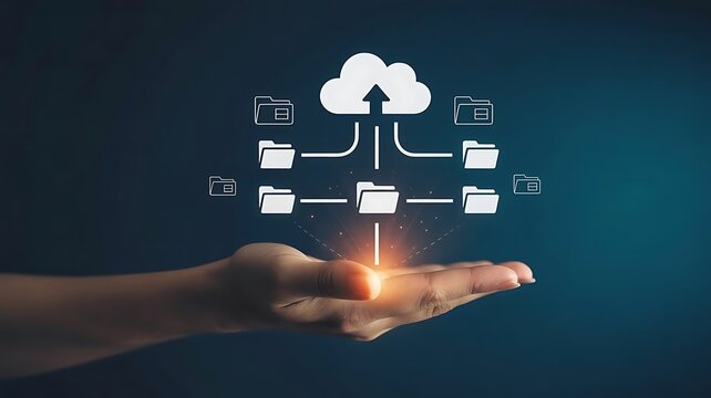 Hand presenting cloud computing network with data folders on a dark background. A person's hands holding a holographic cloud of digital folder and file icons.