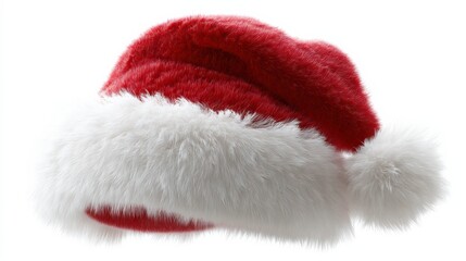 Crimson Santa's Hat: A festive, fluffy, red and white Santa hat, capturing the spirit of the holiday season and evoking feelings of warmth, joy, and anticipation.