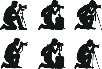 Silhouette kneeling photographers using cameras and tripods, professional photo shooting poses, backpack camera operators, creative photography illustration vector
