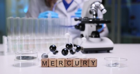 Word Mercury of wooden blocks against metal samples and molecular structure model on desk. Woman scientist checks goggles before tests start in lab - Powered by Adobe