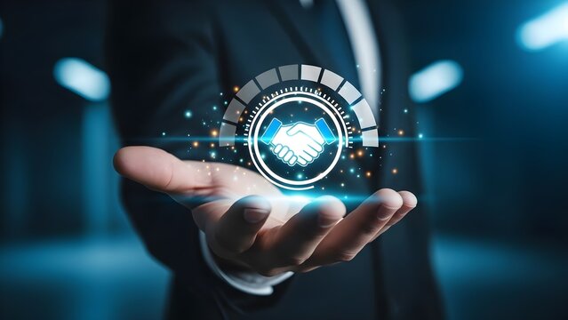 Business man's hand presenting a digital handshake icon with a loading bar, symbolizing agreement, partnership, and technological advancement.
