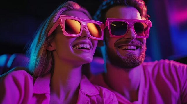 A joyful pair of friends posing for the camera in a vibrant club setting. - Powered by Adobe