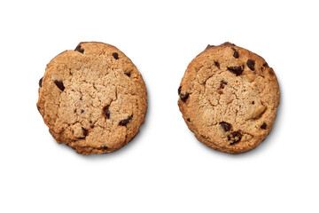 Two golden chocolate chip cookies with transparent background