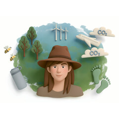 3D image of a conservationist surrounded by symbols that have come to represent the environment and climate change including trees, bees, carbon, footprint, wind, renewable energy
