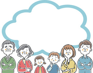 疑問を持つ三世代家族のイラスト　コピースペース　ベクター
