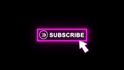 Subscribe button glowing neon animation with white Text and cursor click. Looping UI element on transparent background 4K. - Powered by Adobe