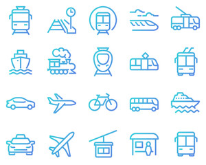 Simple set of public transport vector line icons. Contains such icons as Taxi, Train, Tram and more.	