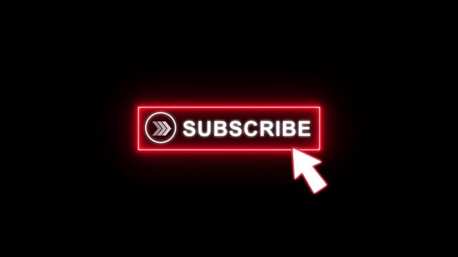 Subscribe button glowing neon red animation with white Text and cursor click. Looping UI element on transparent background 4K.