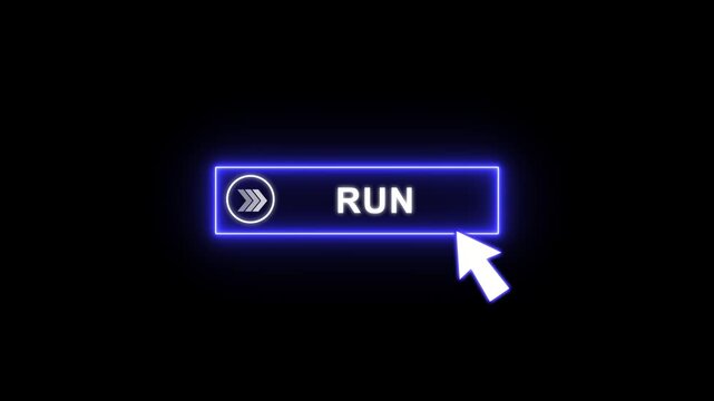 Run button glowing neon blue animation with white Text and cursor click. Looping UI element on transparent background 4K.
