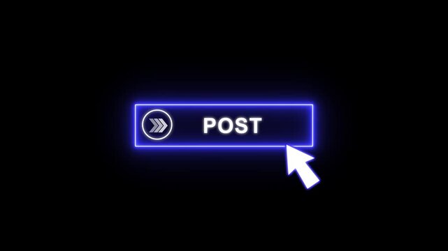Post button glowing neon blue animation with white Text and cursor click. Looping UI element on transparent background 4K.