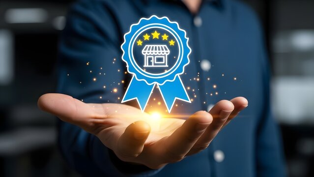 A man presents a glowing blue seal of approval with a storefront icon and stars, symbolizing quality and business excellence.