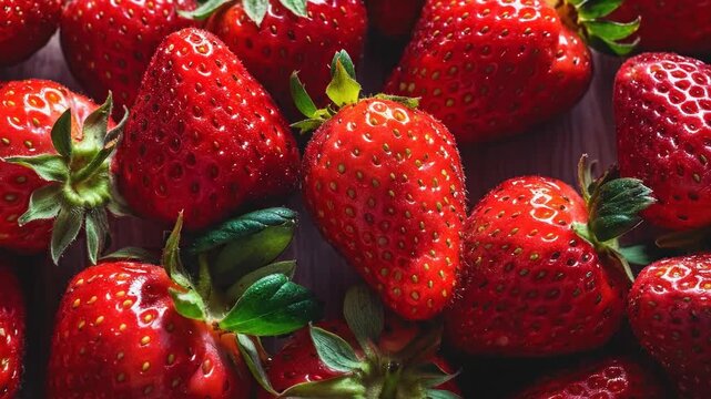 Close-up of fresh ripe strawberries with green leaves and glossy texture.