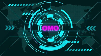 Futuristic technology interface with OMO logo and global map in cyan and orange image photo - Powered by Adobe