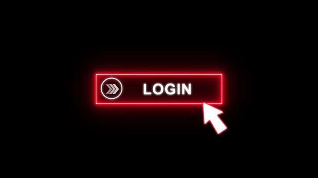Log in button glowing neon red animation with white Text and cursor click. Looping UI element on transparent background 4K.
