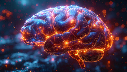Fototapeta premium Abstract Digital Brain with Orange and Blue Glowing Connections and Bokeh Background image