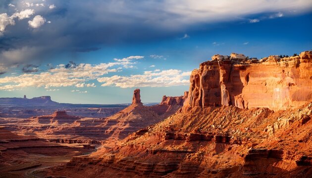 Dramatic Layered Rock Formations Create A Stunning Canyon Landscape Under A Partly Cloudy Sky In Utah Usa