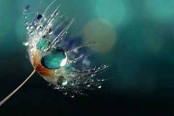 Beautiful shiny dew water drop on dandelion seed in nature macro. Soft selective focus, sparkling bokeh. Dark blue green background.