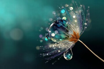 Beautiful shiny dew water drop on dandelion seed in nature macro. Soft selective focus, sparkling bokeh. Dark blue green background.