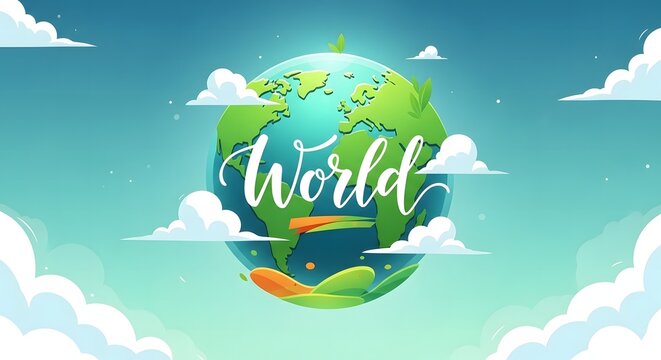 Vibrant earth globe with the word world written in calligraphy surrounded by clouds