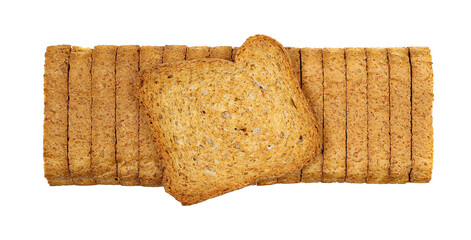 Integral slices, rusks with wholewheat flour, sliced whole wheat dry bread isolated on white background, top view