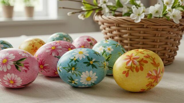Assorted colorful easter eggs with floral patterns on a table near a willow basket with spring flowers for spring holiday celebration.
