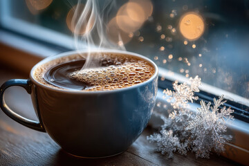 Steaming Coffee by Frosty Window with Decorative Snowflakes