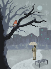 Girl with umbrella in a winter landscape