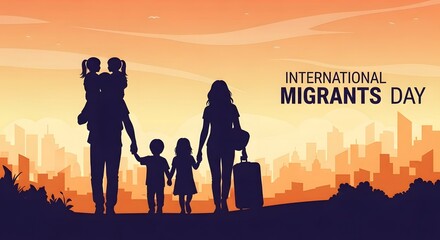 Family silhouette against a city skyline celebrating international migrants day