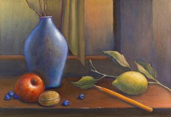 Still life with vase, fruit and pencil
