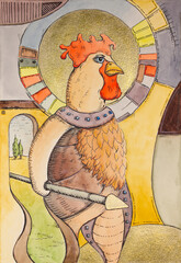 Cockerel wearing an armor goes to war