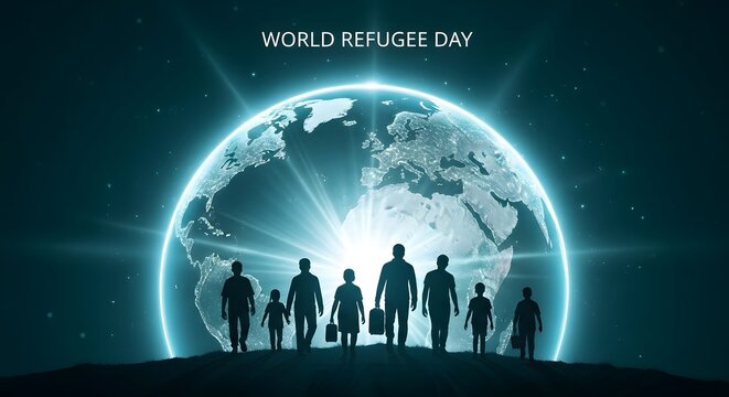 Silhouettes of a diverse group of people walking towards a glowing earth symbolizing world refugee day - Powered by Adobe