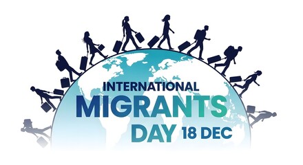 International migrants day illustration with globe and walking silhouettes