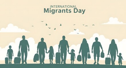 International migrants day silhouette of families carrying luggage walking together