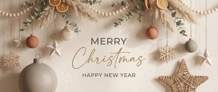 Organic Luxury and sustainable style Christmas and New Year greeting banner for Christmas and New Year with simple twine are minimalist ornaments on warm, textured beige plaster wall background