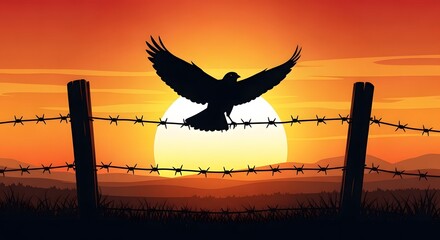 Silhouette of a crow flying over barbed wire fence at sunset