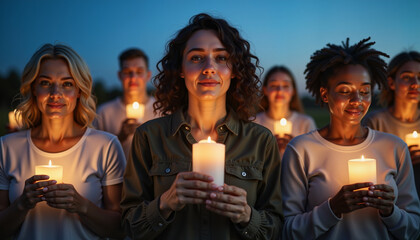 Obraz premium Group of diverse people holding candles in solidarity for Suicide Loss Day 
