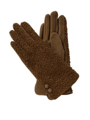 A pair of brown crochet gloves with intricate patterns isolated on transparent background