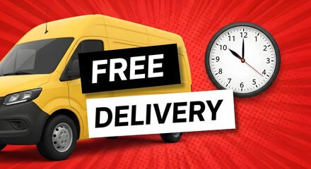 Yellow free delivery van with clock showing fast service