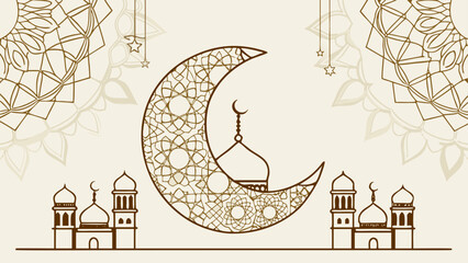 Ornate crescent moon with mosque silhouette design