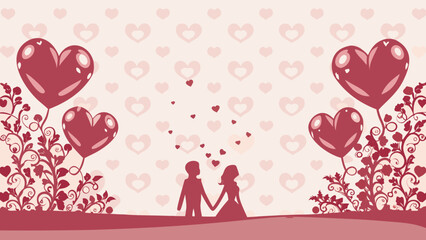 Silhouette couple with heart balloons and background