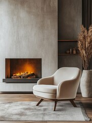Naklejka premium A cozy living room setting featuring a contemporary armchair in front of a warm fireplace.