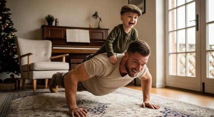 Smiling father exercising and bonding with his playful son sitting on his back during a home workout.