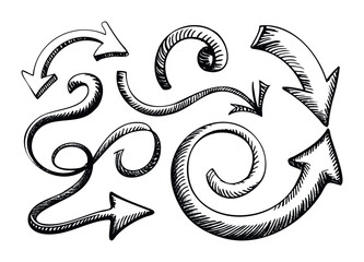 Hand drawn swirling and curved arrow symbols with textured strokes, perfect for directional guidance and highlighting information in presentations and projects.