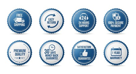 Set of eight blue and white oval badges representing customer service and business guarantees
