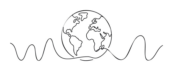 Global connection symbolized by a world map entwined with wavy lines representing data flow or sound waves, perfect for technology, communication, or environmental themes.